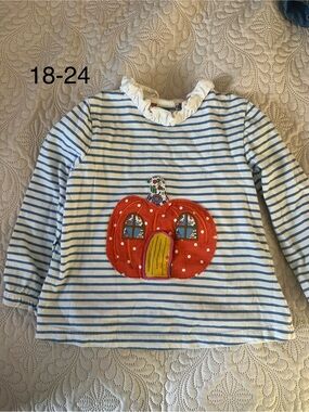 Girls' Blue Stripe Pumpkin Applique Long-Sleeve Top Boden